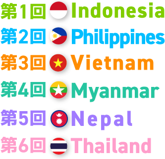第1回Indonesia 第2回Philippines 第3回Vietnam 第4回Myanmar 第5回Nepal 第6回Thailand